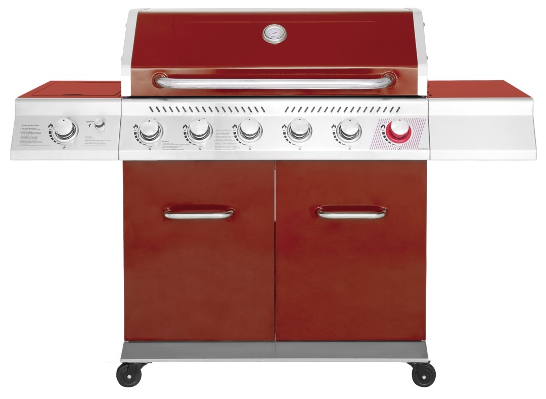 Red enamel coated Steel 6B 3kW(each) gas grill, High Temperature Main Burner & Infrared Back Burner are available