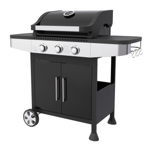 3 Burners Gas Grill with cast aluminum side plates, enlarged control panel and semi-closed cabinet
