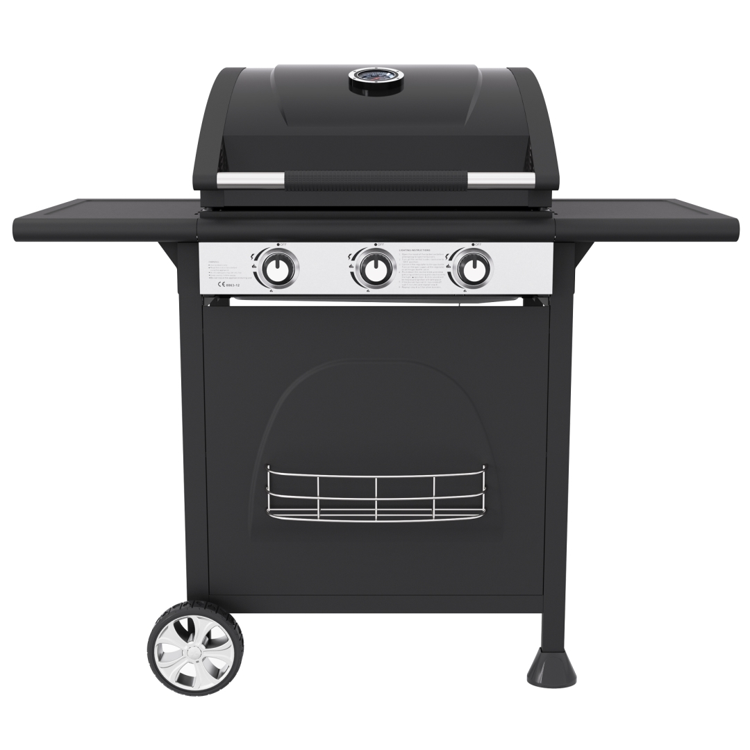 3 Burners Black Powder Coated Gas Grill with Doublelayer Lid and