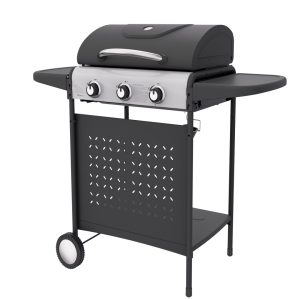 Entry-level 3 Burners Black Powder Coated Gas Grill 
with Folding Side Tables and Mesh Decorative Holes Front Plate
