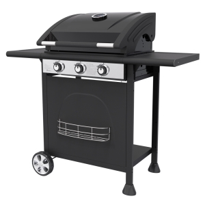 3 Burners Black Powder Coated Gas Grill with Double-layer Lid and Folding Side Tables