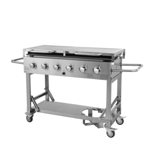 Luxury 6-Burners Stainless Steel Gas Griddle with Dual-purpose Folding Side Tables and Collapsible Trolley