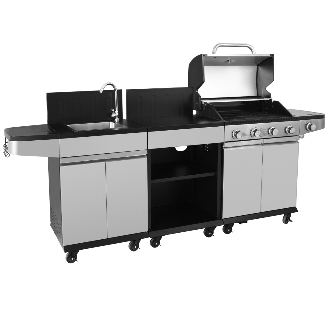 Outdoor Kitchen 4 Burners Gas Grill with Side Burner, Sink and