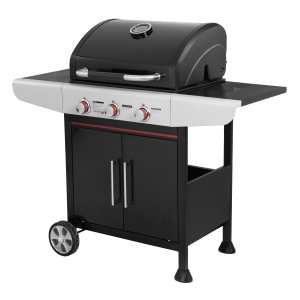 Black Powder Coated 3 Burners Gas Grill with Double-layer Lid and Matt Enamel Coated Cast Iron Cooking Grid