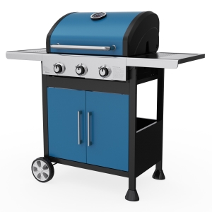 3 Burners Gas Grill with Blue Double-layer Lid and Blue Cabinet Door