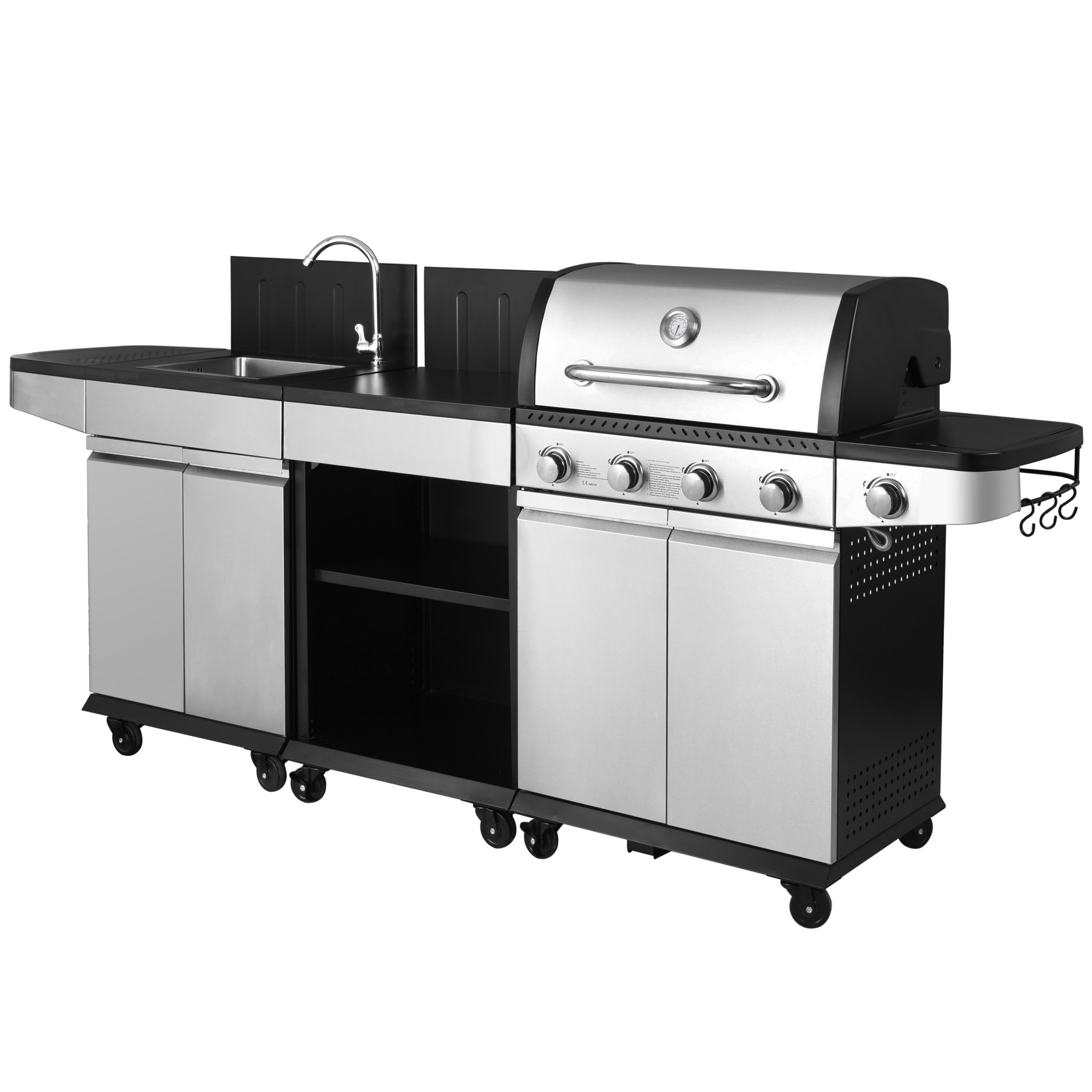 Outdoor Kitchen 4 Burners Gas Grill with Side Burner, Sink and Worktable